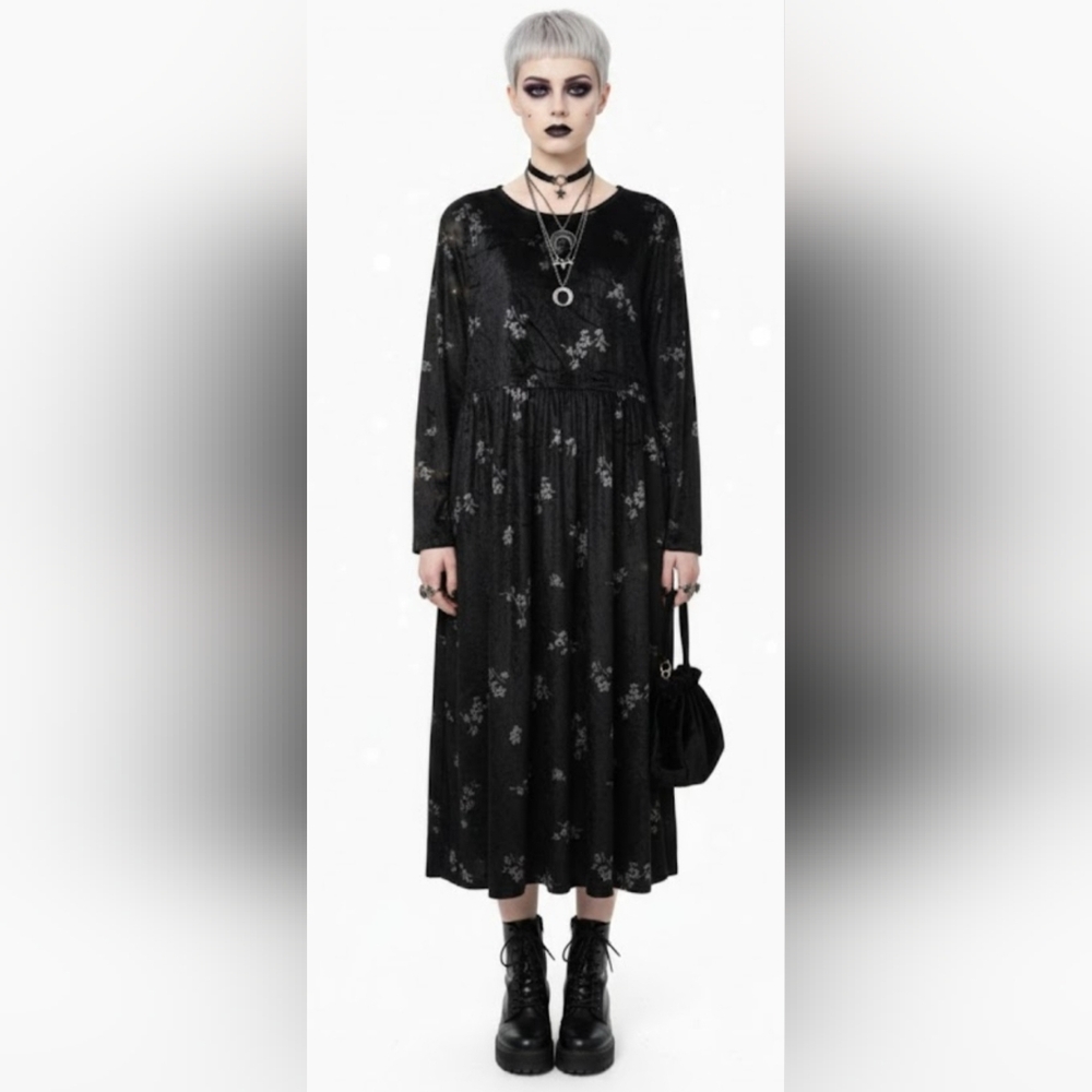 Vintage Liz Claiborne Black Velour Maxi Dress Goth Boho Dark Fairy L